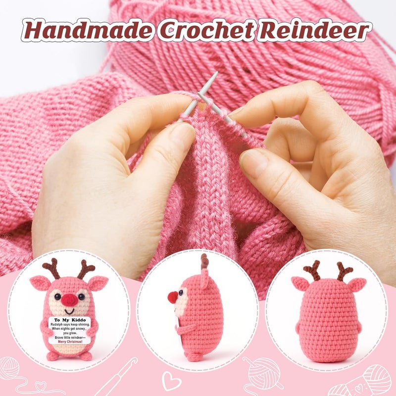 WEYON Store Stocking Stuffers for Teen Girls – Mini Crochet Reindeer Plush with Story Pun Card, Cute, Cozy Desk/Nightstand Decor, Secret Santa, Woodland Kawaii - Image 3